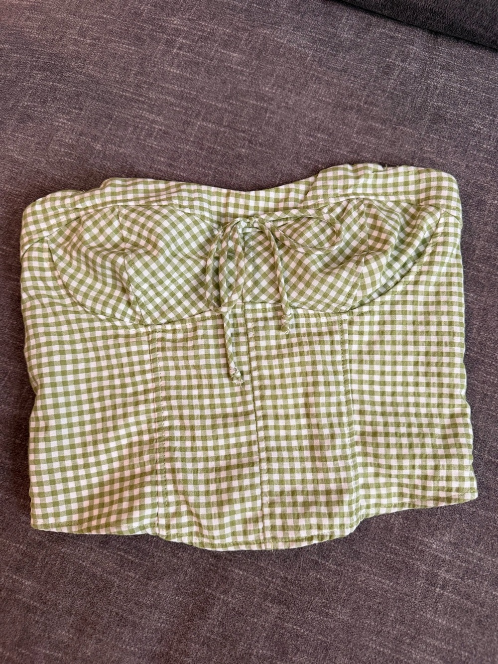 Gingham Strapless Tie-Front Crop Top in Green